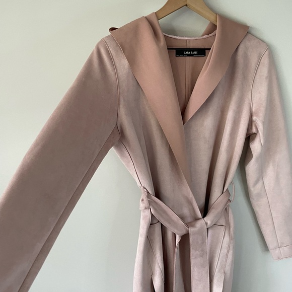 Zara blush oversized dusty pink faux suede open front hooded jacket X small - Picture 3 of 13